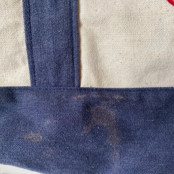 Trader Joe's large embroidered canvas shopping bag blue white stained pockets - Picture 5 of 10